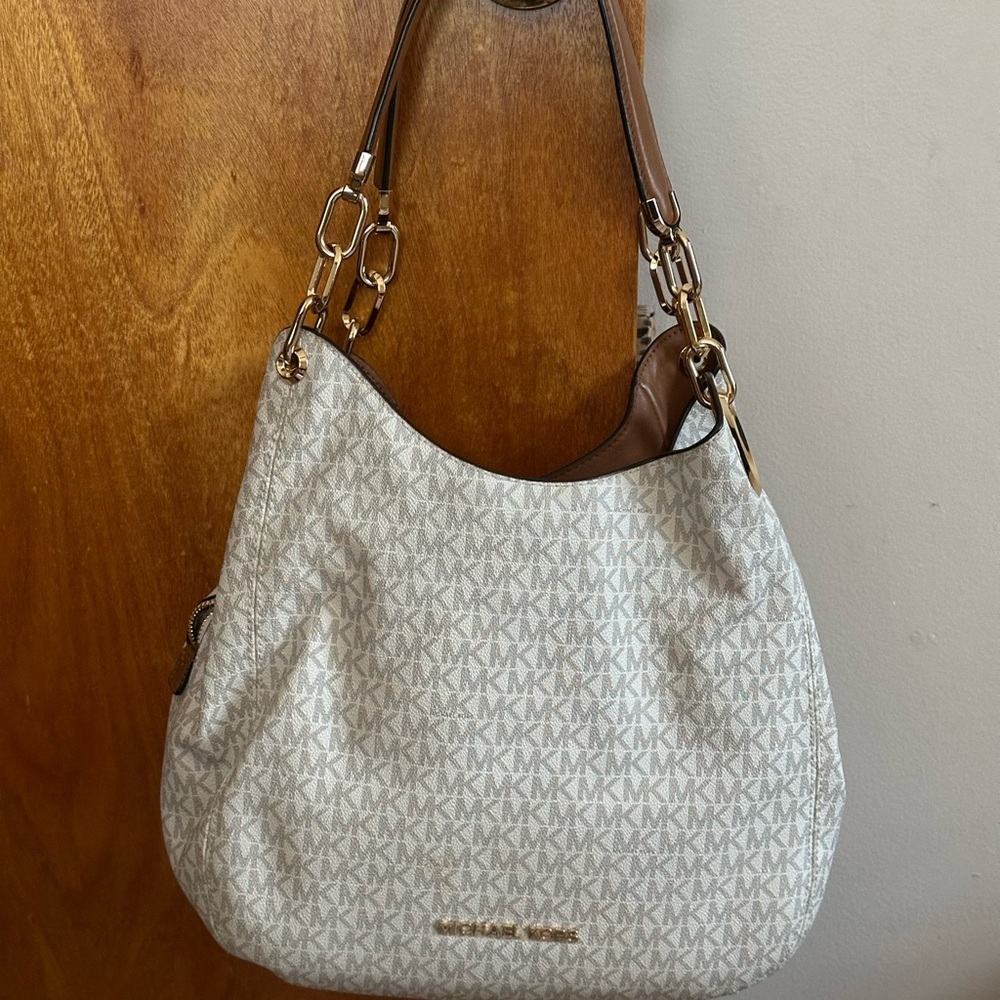 Michael Kors Lillie Large Signature Logo Shoulder Bag in Acorn.